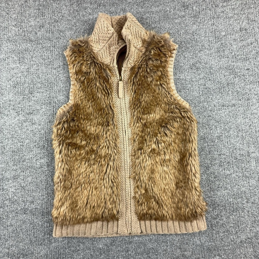 Kenar Sweater Vest Womens Large Brown Faux Fur Mock Neck Full Zip Knit Lined